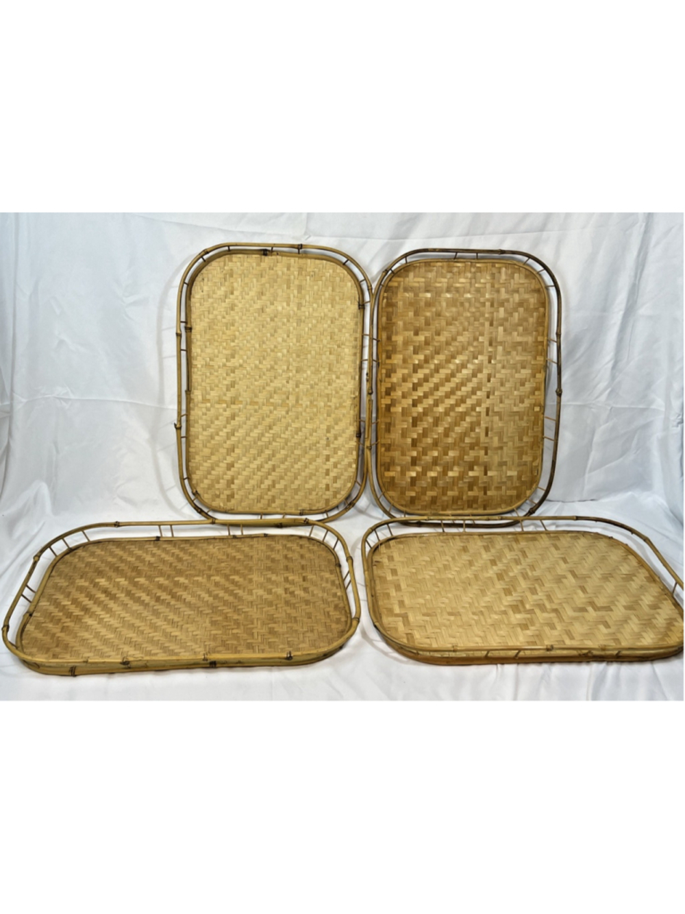 VTG Woven Bamboo Rattan Wicker Serving Trays Tiki Bar Set 4 MCM Boho MidCentury